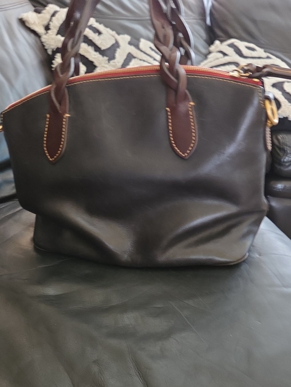 Leather Tote Bag in Dark Blue with Dark Brown Braided Handles. - Picture 2 of 7